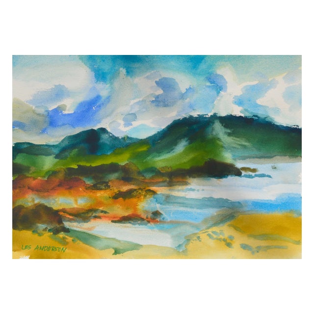 Paper Vintage Lake & Mountains Watercolor Landscape by Les Anderson For Sale - Image 7 of 7