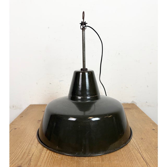 Industrial Black Enamel Factory Lamp with Iron Top, 1950s For Sale - Image 11 of 18