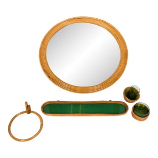 Mid-Century Bamboo and Green Glass Vanity or Bathroom Accessories-- Eight Piece Set For Sale