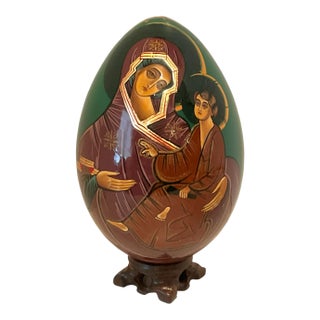 Hand Painted Lacquered Wood Egg of Mother of God Virgin Mary & Jesus on Stand For Sale