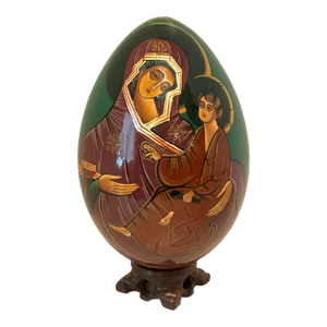 Hand Painted Lacquered Wood Egg of Mother of God Virgin Mary & Jesus on Stand