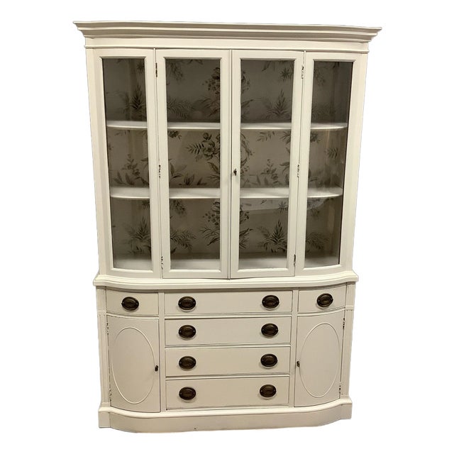 Painted Canvas Off White Wood China Cabinet Drexel Floral Bird Wallpaper Backing For Sale