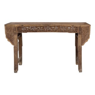Vintage Relief Carving Natural Light Brown Wood Grain Color Altar Console Table For Sale