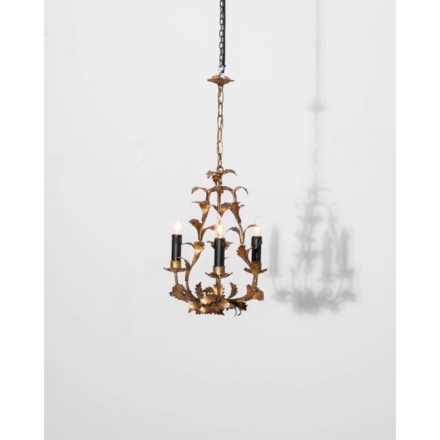 Italian 20th Century Italian Gilt Metal Tole Chandelier with Leaf Motif For Sale - Image 3 of 18
