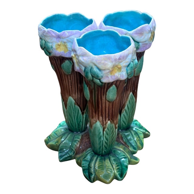 Rare Antique Majolica Pottery Triple Flower Vase For Sale