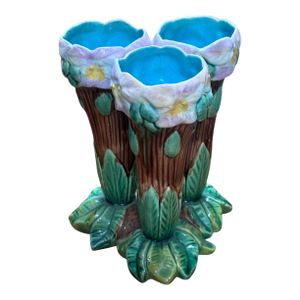 Rare Antique Majolica Pottery Triple Flower Vase