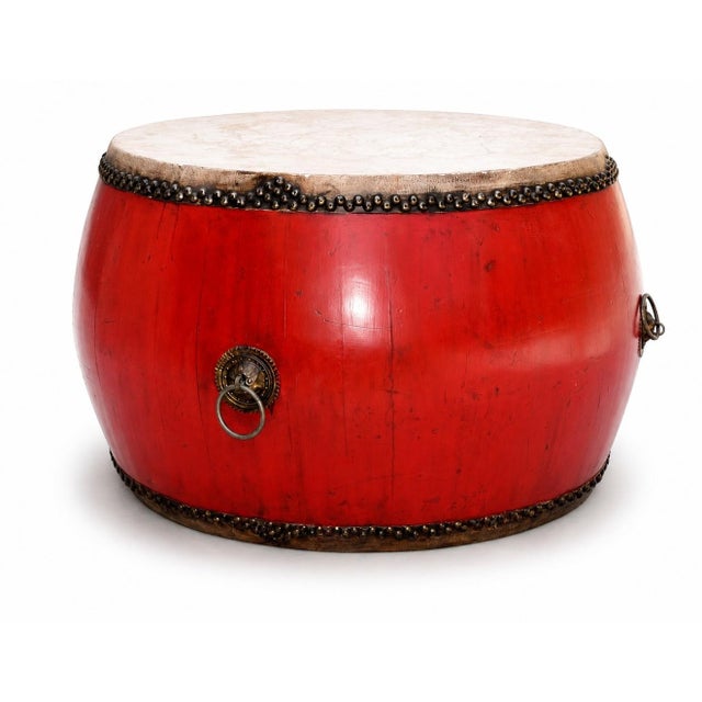 Monumental Antique 48" Chinese Ceremonial Drum Round Table Red Lacquered For Sale - Image 16 of 18