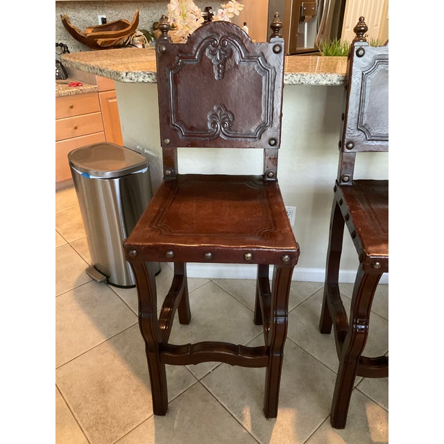 1970s Vintage Spanish Colonial Bar Stools Hand Tooled Leather Seats and ...
