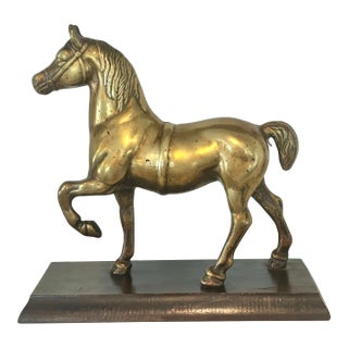 Vintage English Brass Horse on Wood Stand For Sale