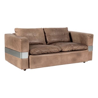 Mid Century German Distressed Brown Leather Sofa in the Style of Robert Haussmann For Sale