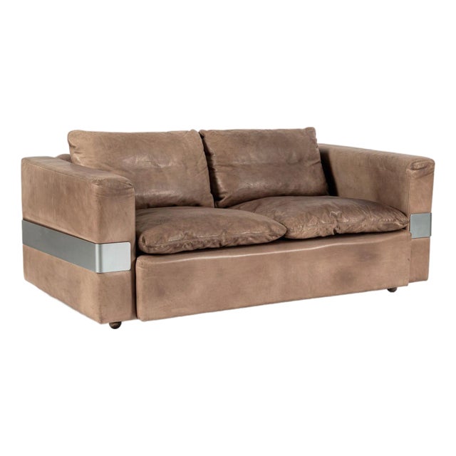 Mid Century German Distressed Brown Leather Sofa Style of Robert Haussmann For Sale