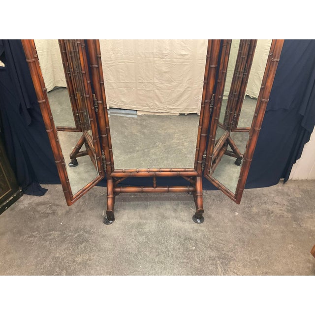 Chinoiserie 1990s Theodore Alexander Faux Bamboo Trifold Full Length Floor Mirror For Sale - Image 3 of 12