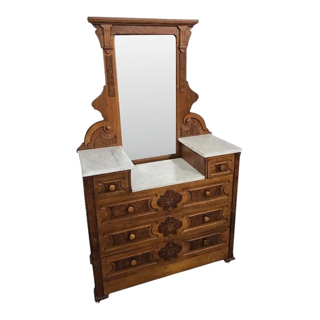 Antique Victorian Marble Top Vanity Dresser and Mirror Set For Sale