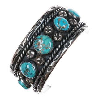 6.75" 50's-60's Native American silver and turquoise heavy cuff bracelet For Sale