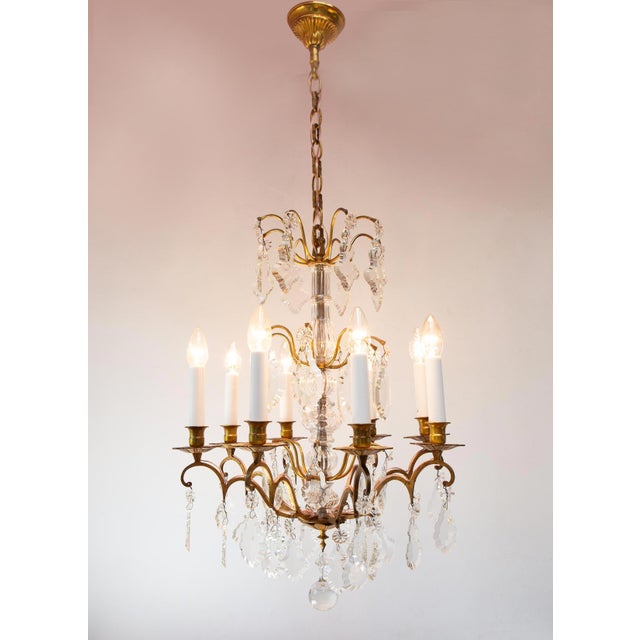 Vintage French Chandelier in Brass with Bronze and Crystals, 1930s For Sale - Image 4 of 11