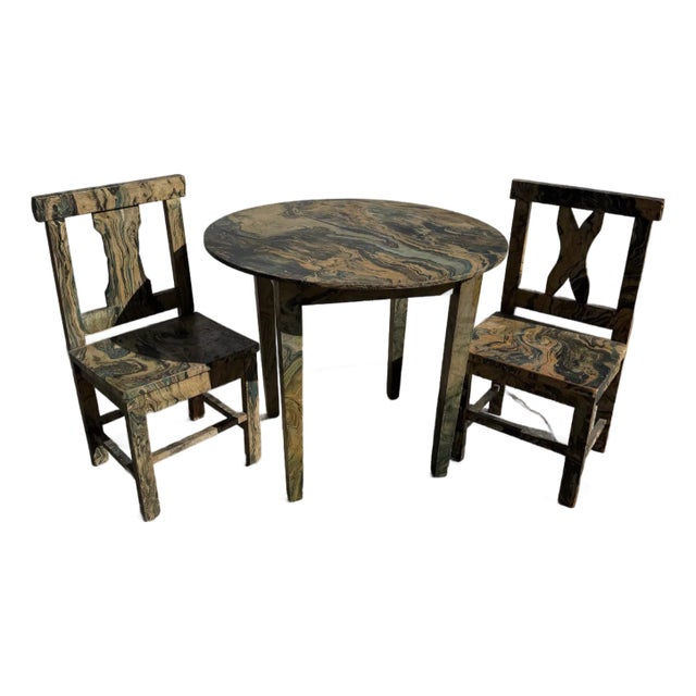 Vintage Marble Paper Kids Table and Chair Set For Sale