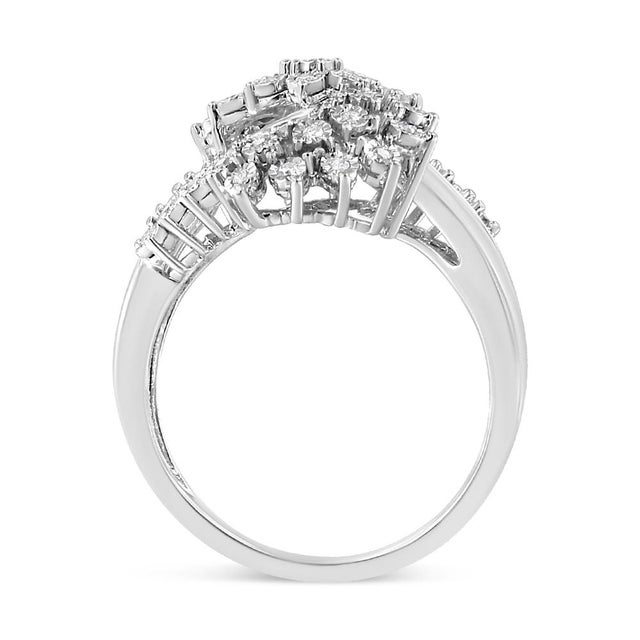 Contemporary 10K White Gold 1/2 Cttw Round and Baguette-Cut "S" Shaped Bypass Cocktail Ring (I-J Color, I1-I2 Clarity) - Size 7 For Sale - Image 3 of 7