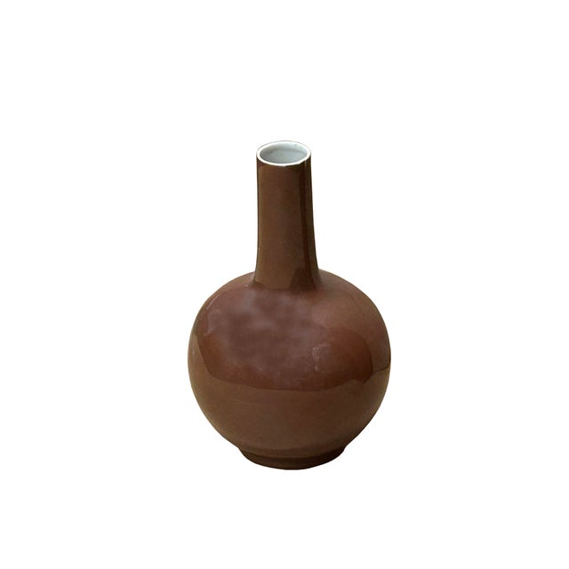 Chinese 6.5" Chinese Clay Ceramic Coffee Brown Vessel Small Globular Vase For Sale - Image 3 of 5