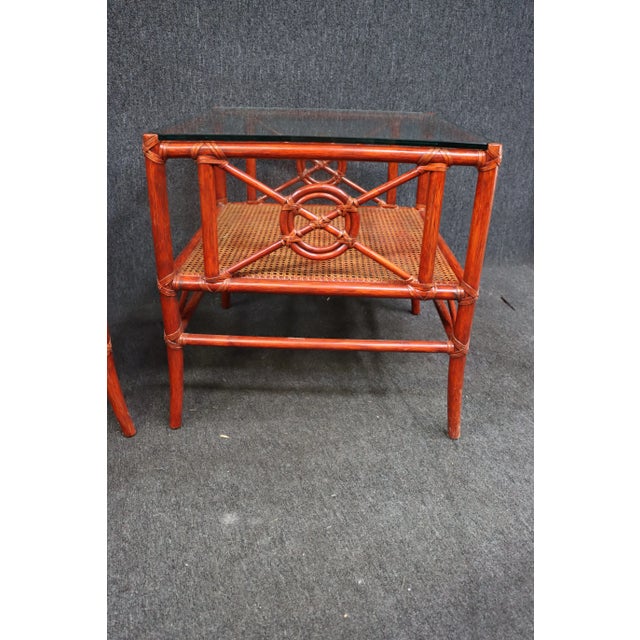 McGuire Pair McGuire Red Painted Bamboo and Caned Glasstop Side Tables For Sale - Image 4 of 9