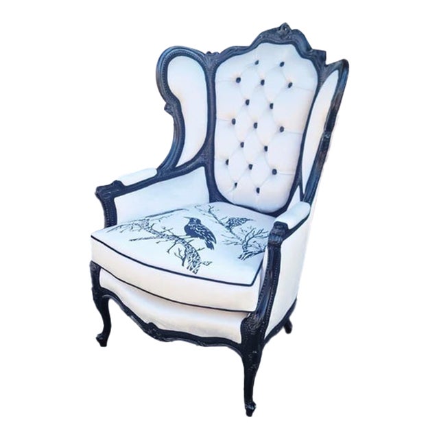 1990s Gothic Raven Crow White Velvet and Embroidery Armchair For Sale