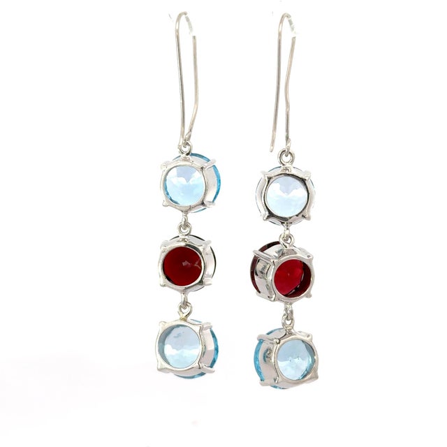 Metal Exquisite Garnet & Blue Topaz Three Stone Dangle Earrings in Sterling Silver – 2 Pieces For Sale - Image 7 of 13