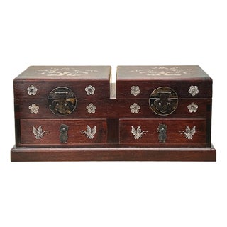 Oriental Brown Mother of Pearl Motif Rectangular Drawers Chest Box For Sale