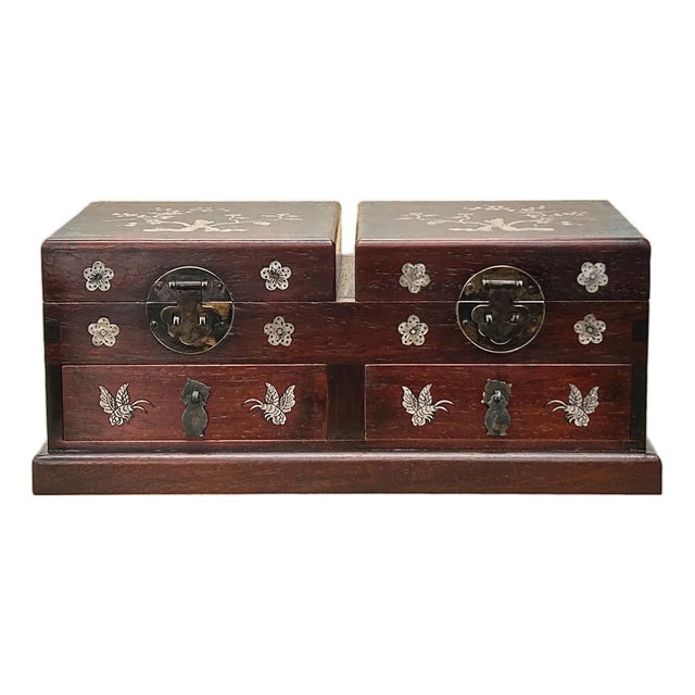 Oriental Brown Mother of Pearl Motif Rectangular Drawers Chest Box For Sale