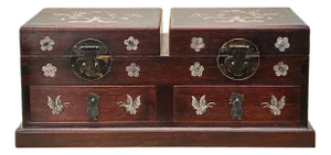 Oriental Brown Mother of Pearl Motif Rectangular Drawers Chest Box