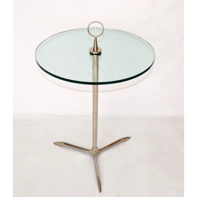 Mid-Century Modern Cesare Lacca Style Stainless Steel & Round Glass Tripod Side Table Italy 1950 For Sale - Image 3 of 13