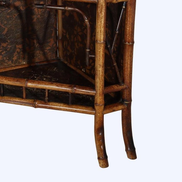 Asian Antique Asian Bamboo Corner Etagere With Floral Leather Tooling & Mirror C1890 For Sale - Image 3 of 16