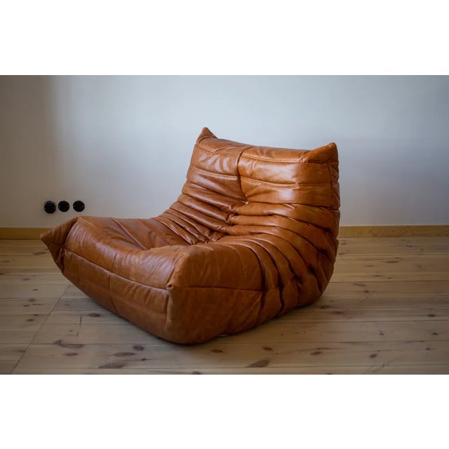 Set of Pine Leather Togo Lounge Chair and Pouf by Michel Ducaroy for Ligne Roset For Sale - Image 5 of 11