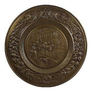 Vintage English Embossed Brass Wall Charger With Horse-Drawn Coach Scene, 23" For Sale