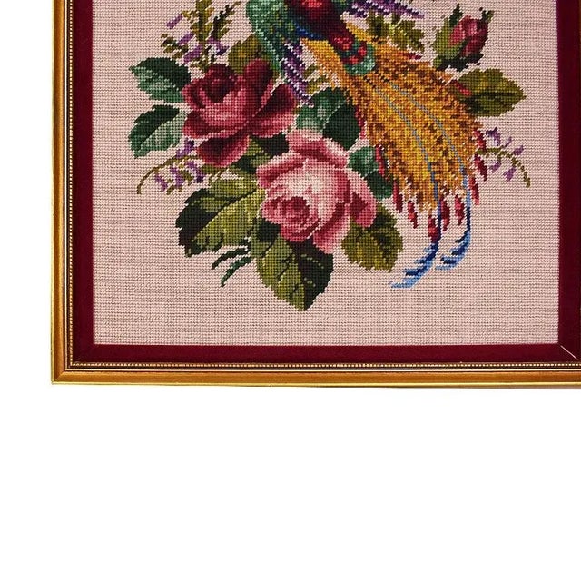 Shabby Chic Square Pink and Gold Framed Embroidered Needlepoint Floral and Peacock Wall Hanging For Sale - Image 3 of 12