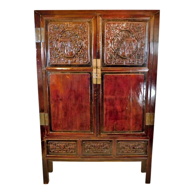 Antique 19th Century Chinese Figural Carved Wood Cabinet or Armoire For Sale