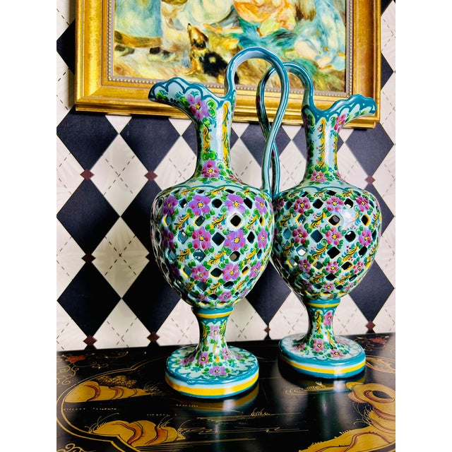 Ceramic Pair Signed J. Leonardo Portuguese Hand-Painted Reticulated Ceramic Ewers, 15" For Sale - Image 7 of 17