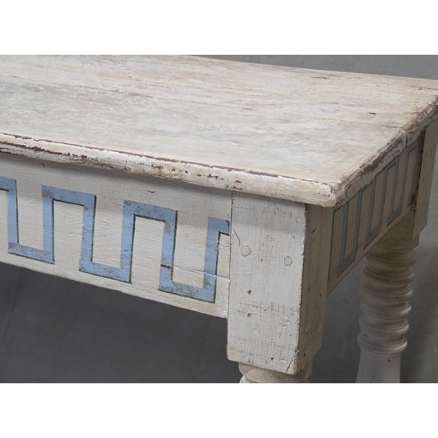 Wood Antique French Rustic Painted Pine and Hardwood Console Table With Greek Key Motif For Sale - Image 7 of 17