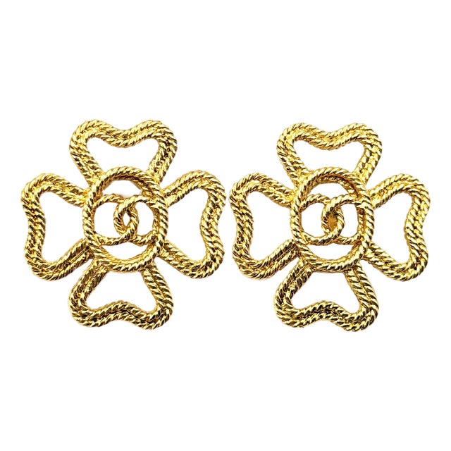1990s Chanel Vintage Gold Plated CC Rope Cross Large Clip on Earrings, A Pair For Sale