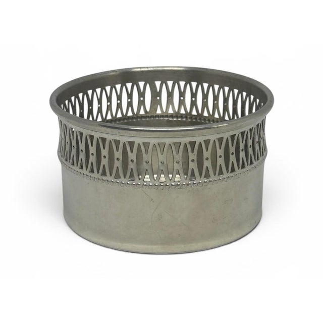 Vintage Eastern Pewter 3 3/4” Wine or Champagne Bottle Coaster Reticulated Pierced Lattice Gallery Rim For Sale - Image 4 of 11