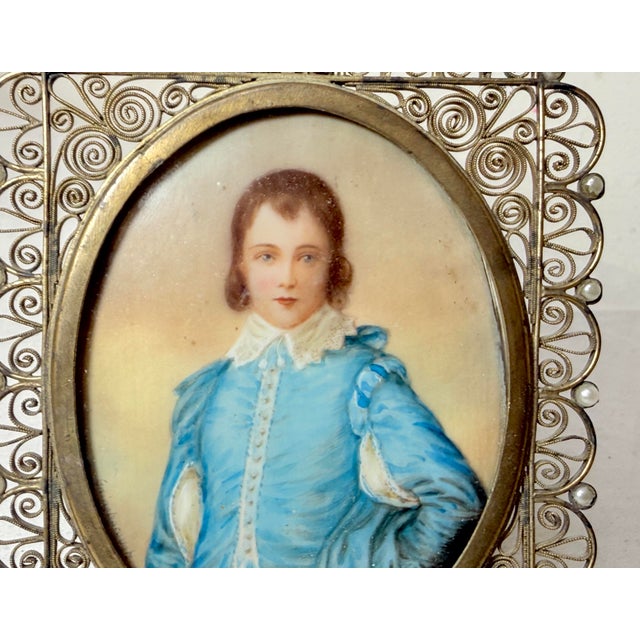 Metal 2 Sided Antique 1800's Miniature Mini Original Painting Portrait the Blue Boy For Sale - Image 7 of 14