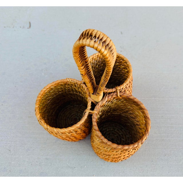 Vintage Woven Rattan 3 Slot Utensil Holder, perfect for a condiment holder as well. Great for a bbq or even a centerpiece...