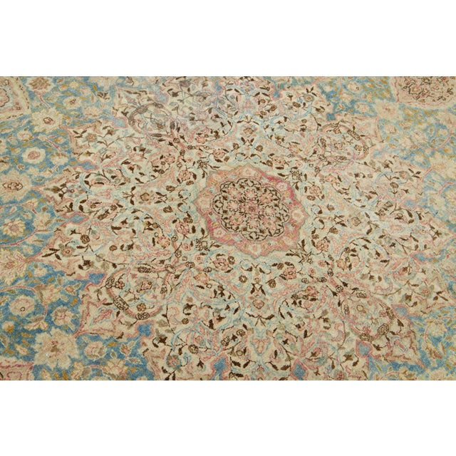 1900 - 1909 Blue Persian Antique Kerman Handmade Wool Rug With Rosette Design For Sale - Image 5 of 9