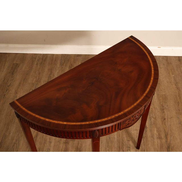 Custom Mahogany Inlaid Demilune Console Table For Sale - Image 4 of 18