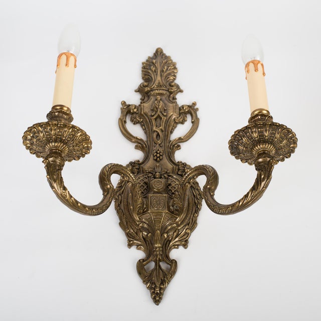 Rococo 1950s Spanish Rococo Chased Brass 2-Light Wall Sconce For Sale - Image 3 of 11