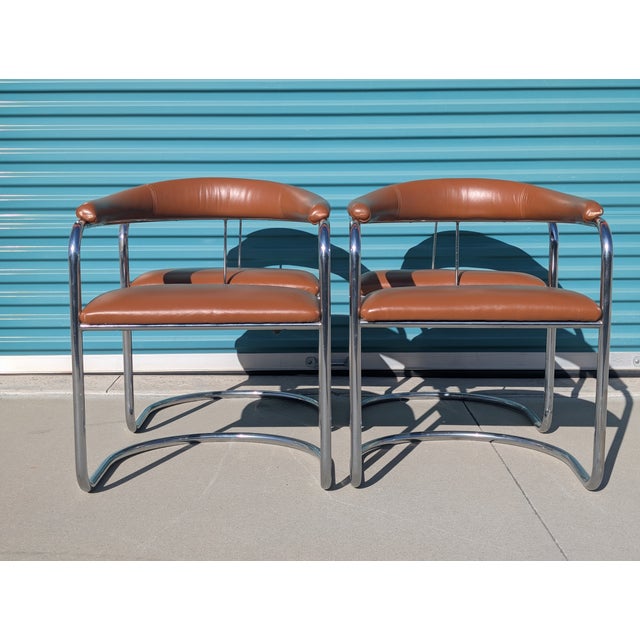 Chrome Mid Century Cantilevered Ss33 Dining Armchairs attributed to Anton Lorenz for Thonet, C1970s For Sale - Image 8 of 17