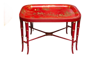 English Tole Red Serving Tray on a Later Stand