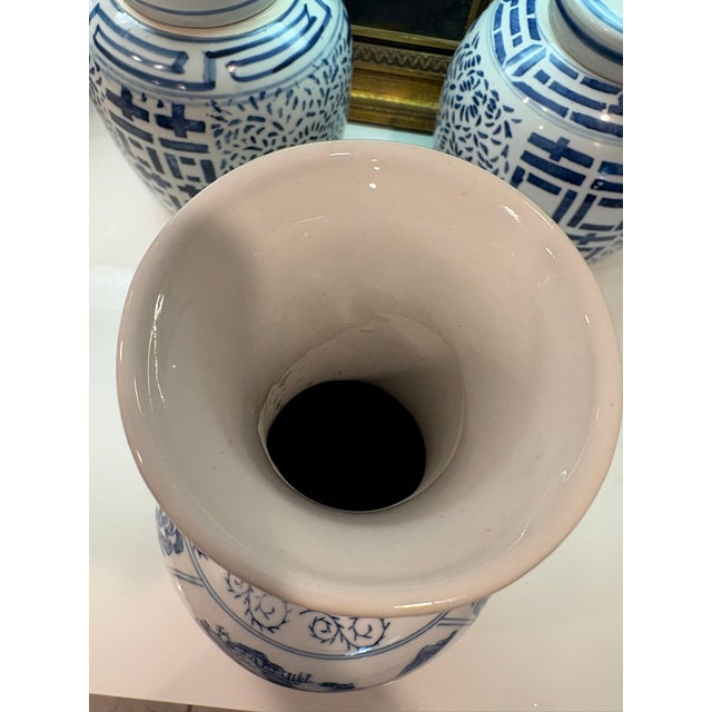 Vintage Blue & White Chinese Porcelain Chinoiserie Vase With Pagoda Landscape Motifs For Sale - Image 12 of 13