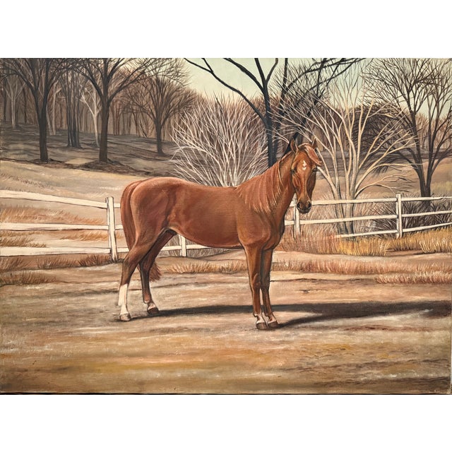 Midcentury original oil painting on canvas of a chestnut horse standing in a paddock with a white rail fence running...