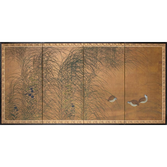 "Quails and Pampas Grass" by Koga, 1970s Showa Era Japanese Byobu Screen For Sale - Image 18 of 18