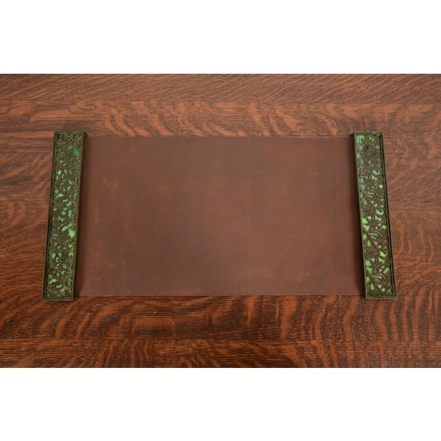 Apollo Studios New York Arts & Crafts Grapevine Pattern Bronze and Slag Glass Blotter Ends With Leather Desk Blotter For Sale - Image 15 of 15