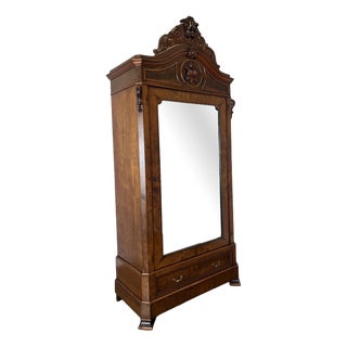 Antique French Carved Burr Walnut and Mirrored Wardrobe For Sale